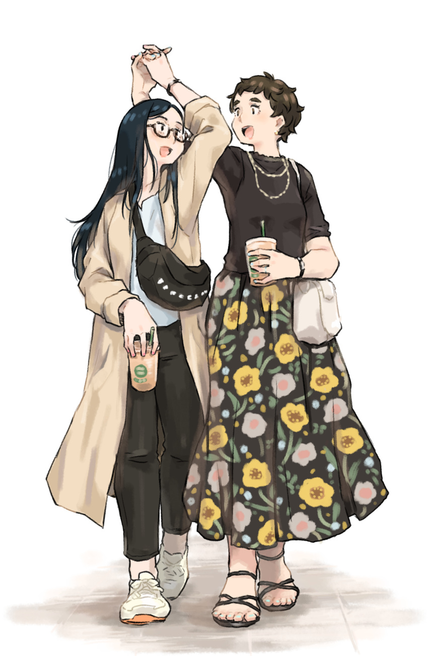 2girls absurdres black_hair brown_hair coat floral_print full_body glasses highres holding_hands jewelry long_coat long_hair long_skirt looking_at_another m_k multiple_girls necklace original ring short_hair simple_background skirt standing very_short_hair walking wedding_ring wife_and_wife yuri