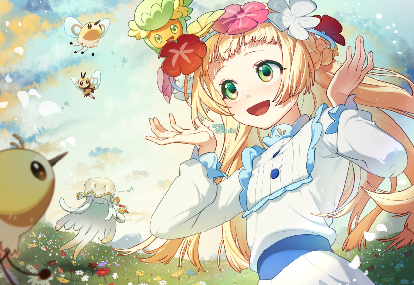 1girl :d absurdres blonde_hair braid buttons clouds comfey commentary cutiefly day dress eyelashes falling_petals flower grass green_eyes hands_up highres holding holding_flower lillie_(nihilego) lillie_(pokemon) long_hair long_sleeves musical_note nihilego open_mouth outdoors petals pokemon pokemon_(anime) pokemon_(creature) pokemon_journeys ribombee shi_mohaji sky smile symbol-only_commentary watermark white_dress