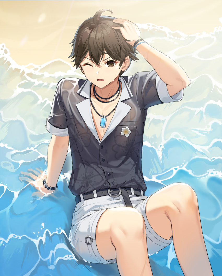 1boy ;o ahoge arm_support bare_legs beach belt black_belt black_eyes black_hair black_shirt boutonniere bracelet closers feet_out_of_frame floral_print flower hair_between_eyes hand_on_own_head highres jewelry necklace ocean official_art on_floor one_eye_closed open_mouth sand seha_lee shirt short_hair short_sleeves shorts sitting soaking_feet solo v-shaped_eyebrows wet wet_clothes wet_face wet_shirt white_flower white_shorts