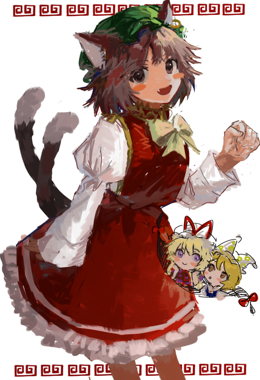 3girls :d :o animal_ears b_nosk101 blonde_hair blush_stickers brown_eyes brown_hair cat_ears cat_tail chen closed_mouth copyright_name dress earrings fang feet_out_of_frame gap_(touhou) green_headwear hand_up hat highres jewelry juliet_sleeves long_sleeves mob_cap multiple_girls multiple_tails nekomata open_mouth paw_pose petite petticoat puffy_sleeves red_dress red_skirt ribbon short_hair skirt smile solo_focus tail touhou two_tails yakumo_ran yakumo_yukari