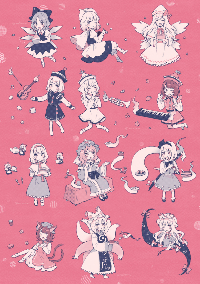 6+girls alice_margatroid animal_ears black_hairband black_ribbon black_skirt black_vest blonde_hair bloomers blue_bow blue_dress blue_hair blue_headwear blue_kimono blue_skirt blue_vest bow brown_hair capelet cat_ears cat_tail chen cirno closed_eyes closed_mouth collared_shirt cup dress earrings fairy fairy_wings food fork fox_ears fox_tail frilled_kimono frills gap_(touhou) green_headwear green_skirt green_vest hair_bow hair_ribbon hairband hat hat_ribbon highres hitodama holding holding_food ice ice_wings instrument japanese_clothes jewelry juliet_sleeves katana keyboard_(instrument) kimono knife konpaku_youmu konpaku_youmu_(ghost) letty_whiterock lily_white long_hair long_sleeves lunasa_prismriver lyrica_prismriver merlin_prismriver mob_cap mozukuzu_(manukedori) multiple_girls multiple_tails one_eye_closed open_mouth pancake perfect_cherry_blossom pink_hair puffy_short_sleeves puffy_sleeves red_dress red_hairband red_headwear red_ribbon red_skirt red_vest ribbon saigyouji_yuyuko shanghai_doll shaved_ice sheath sheathed shirt short_hair short_sleeves siblings single_earring sisters skirt smile socks sword tabard tail touhou triangular_headpiece trumpet twitter_username two_tails underwear vest violin weapon white_bloomers white_capelet white_dress white_hair white_headwear white_shirt white_skirt white_socks white_vest wide_sleeves wings yakumo_ran yakumo_yukari yunomi