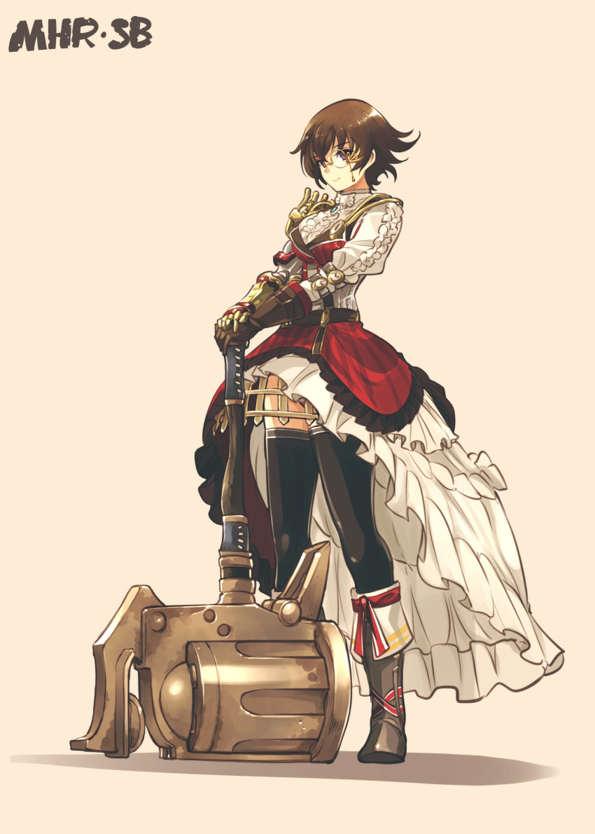 1girl absurdres boots brown_eyes brown_hair character_request check_character dress fiorayne_(monster_hunter) full_body highres ishiyumi monocle monster_hunter_(series) monster_hunter_rise planted short_hair simple_background solo weapon