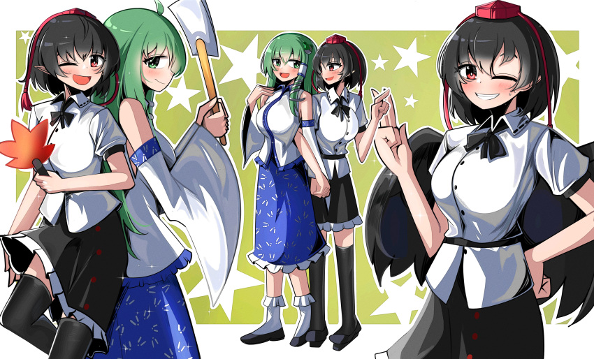 2girls ;d absurdres ahoge black_hair black_skirt black_thighhighs black_wings blue_skirt breasts bright_pupils collared_shirt commentary detached_sleeves english_commentary frog_hair_ornament gohei green_eyes green_hair hair_ornament hat hauchiwa highres holding holding_hands kochiya_sanae large_breasts leaf-pattern_stripe long_hair looking_at_another looking_at_viewer multiple_girls multiple_views one_eye_closed outline red_eyes red_headwear shameimaru_aya shirt short_hair skirt smile snake_hair_ornament spam_(spamham4506) star_(symbol) thigh-highs tokin_hat touhou white_outline white_pupils white_shirt wings yellow_background