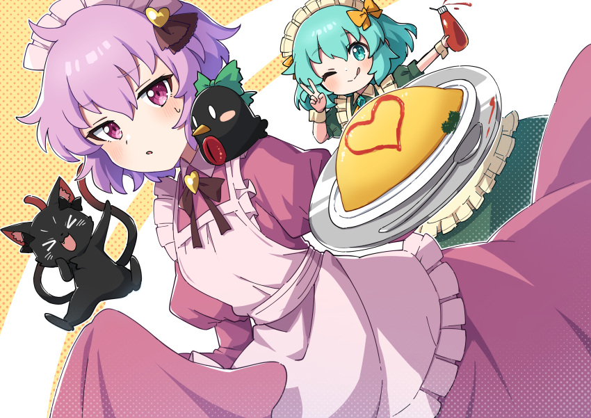 2girls absurdres alternate_costume animal apron bird blush cat closed_mouth commentary crow dress enmaided food frilled_apron frills green_dress green_eyes green_hair hair_between_eyes highres holding holding_tray juliet_sleeves kaenbyou_rin kaenbyou_rin_(cat) ketchup ketchup_bottle komeiji_koishi komeiji_satori long_sleeves maid maid_apron maid_headdress miz_(mizillustration) multiple_girls omelet omurice one_eye_closed parted_lips pink_apron pink_dress pink_eyes pink_hair puffy_short_sleeves puffy_sleeves reiuji_utsuho short_hair short_sleeves siblings sisters smile spoon symbol-only_commentary tongue tongue_out touhou tray
