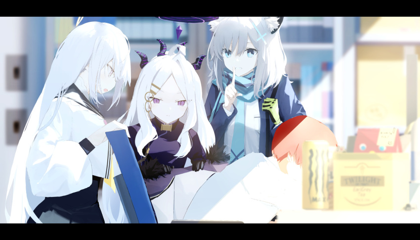 1boy 3girls animal_ears azusa_(blue_archive) bag black_gloves blue_archive can coat coat_removed demon_girl finger_to_mouth gloves green_gloves grey_hair hair_ornament hairclip halo highres hina_(blue_archive) long_hair monster_energy multiple_girls office paper_bag qtwz sensei_(blue_archive) shiroko_(blue_archive) shushing single_glove soda_can white_hair wolf_ears wolf_girl