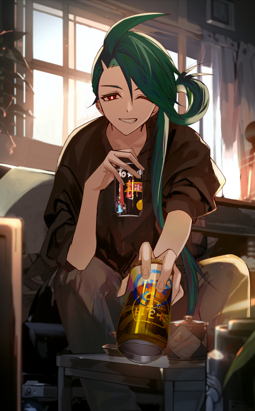 00kashian00 1girl absurdres ahoge alternate_costume bright_pupils can commentary_request green_hair grin hair_over_shoulder highres holding holding_can incoming_drink indoors long_hair looking_at_viewer one_eye_closed pants pokemon pokemon_(game) pokemon_sv ponytail red_eyes rika_(pokemon) sitting smile solo teeth white_pupils window