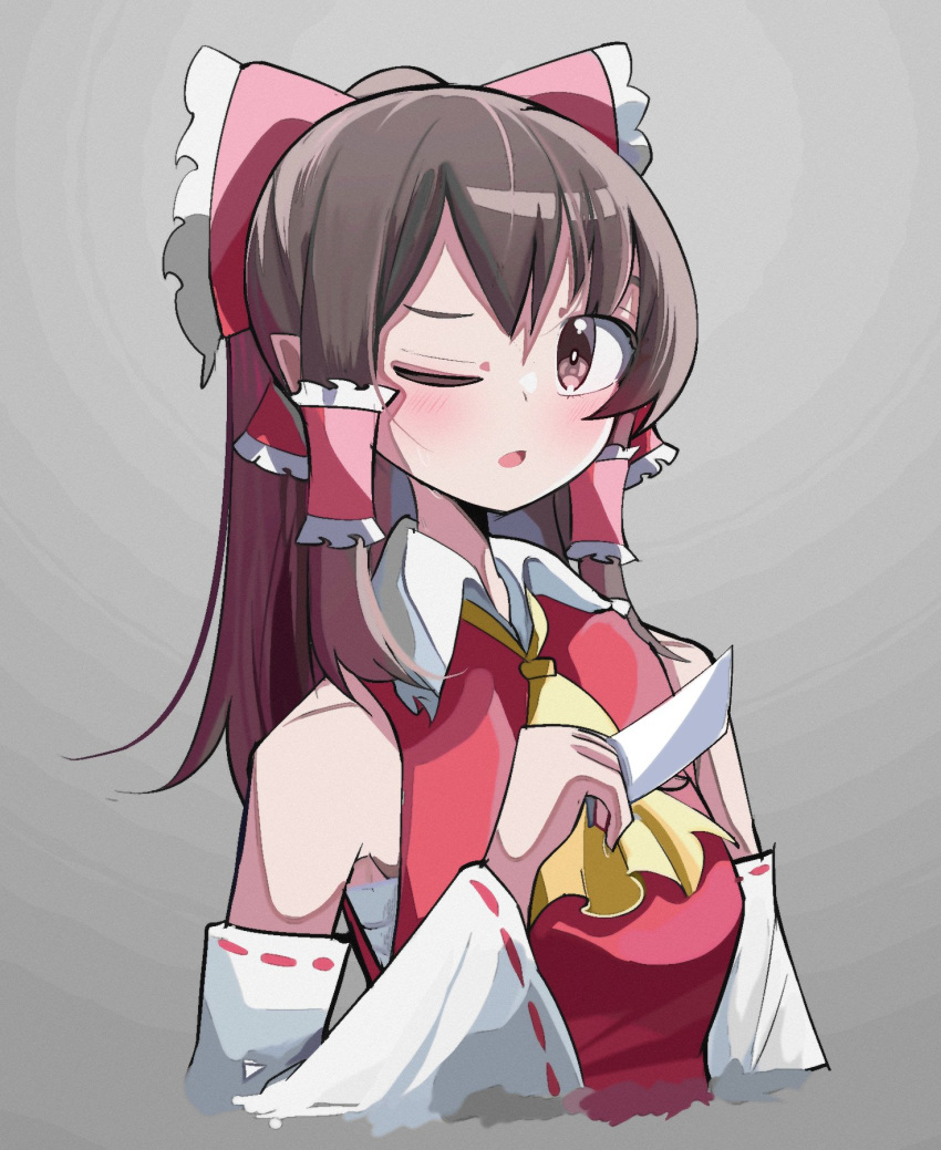 1girl ascot bow bright_pupils brown_eyes brown_hair cropped_torso detached_sleeves grey_background hair_bow hair_tubes hakurei_reimu highres looking_at_viewer medium_hair one_eye_closed red_bow ribbon-trimmed_sleeves ribbon_trim sidelocks solo spam_(spamham4506) touhou upper_body white_pupils yellow_ascot