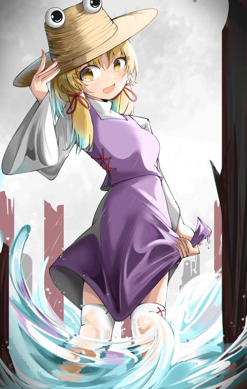 1girl absurdres blonde_hair bright_pupils brown_headwear commentary hand_on_headwear highres looking_at_viewer medium_hair moriya_suwako open_mouth outdoors purple_skirt purple_vest shirt sidelocks skirt solo spam_(spamham4506) symbol-only_commentary thigh-highs touhou vest wading white_pupils white_shirt white_thighhighs wide_sleeves yellow_eyes