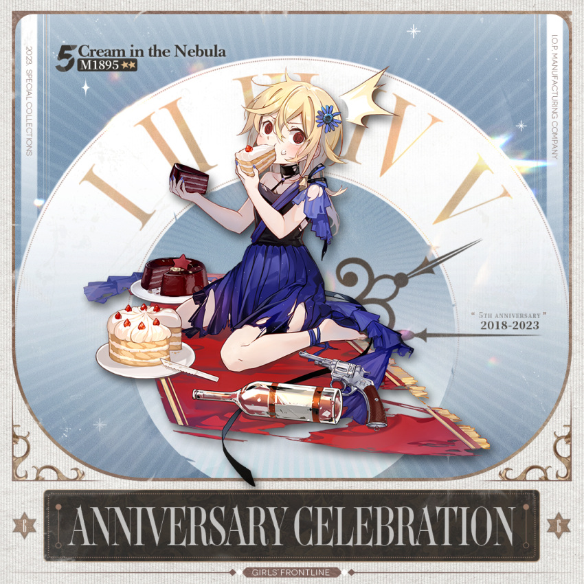 1girl @_@ ^^^ anniversary barefoot blonde_hair blue_nails cake cake_slice character_name chocolate_cake choker collarbone commentary copyright_name dress eating empty_bottle english_commentary flower food food_in_mouth food_on_face girls_frontline hair_between_eyes hair_flower hair_ornament holding holding_cake holding_food kinoshita_neko knife long_hair looking_at_viewer nagant_m1895 nagant_revolver_(cream_in_the_nebula)_(girls'_frontline) nagant_revolver_(girls'_frontline) nail_polish official_alternate_costume official_art promotional_art red_carpet red_eyes roman_numeral sitting solo torn_clothes two-tone_dress wariza