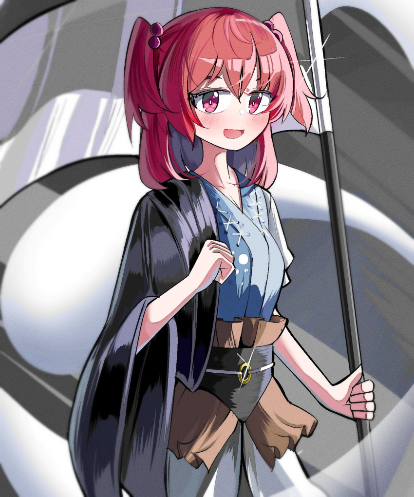 1girl ghost hair_bobbles hair_ornament highres holding holding_scythe looking_at_viewer onozuka_komachi open_mouth red_eyes redhead sash scythe short_hair single_sidelock solo spam_(spamham4506) touhou two_side_up