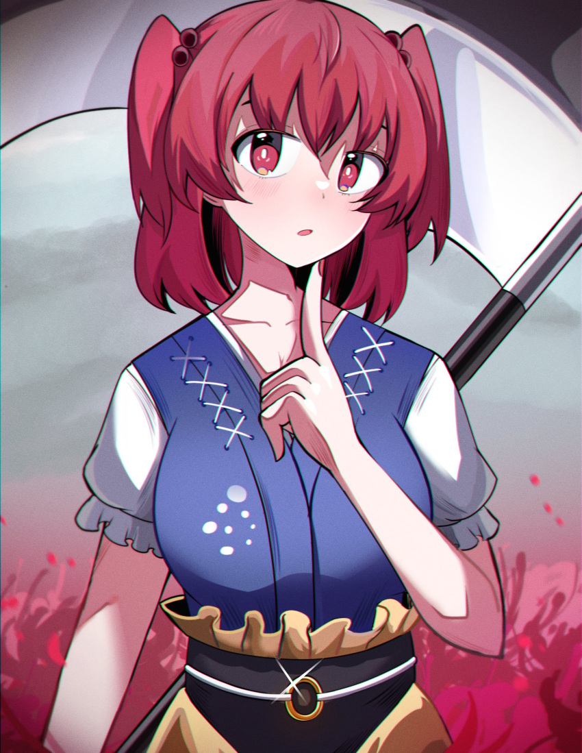 1girl bright_pupils commentary flower hair_bobbles hair_ornament highres index_finger_raised looking_at_viewer obi onozuka_komachi open_mouth outdoors red_eyes red_nails redhead sash short_hair solo spam_(spamham4506) spider_lily touhou two_side_up upper_body white_pupils
