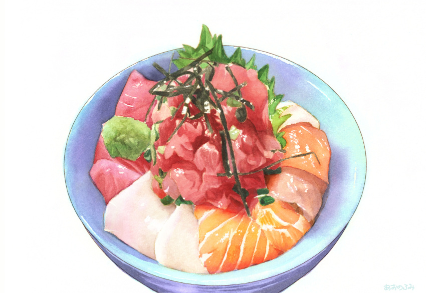 absurdres aon968 bowl commentary donburi fish_(food) food food_focus highres kaisendon no_humans original painting_(medium) realistic sashimi simple_background still_life traditional_media watercolor_(medium) white_background