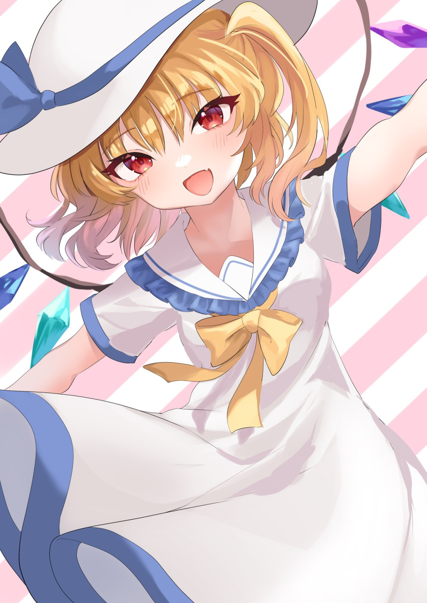 1girl :d alternate_costume blonde_hair blush bow bowtie breasts crystal dress dutch_angle flandre_scarlet happy hat highres ichigo_mogu_15 looking_at_viewer medium_hair one_side_up open_mouth outstretched_arms petite red_eyes small_breasts smile solo sun_hat touhou white_dress wings yellow_bow yellow_bowtie