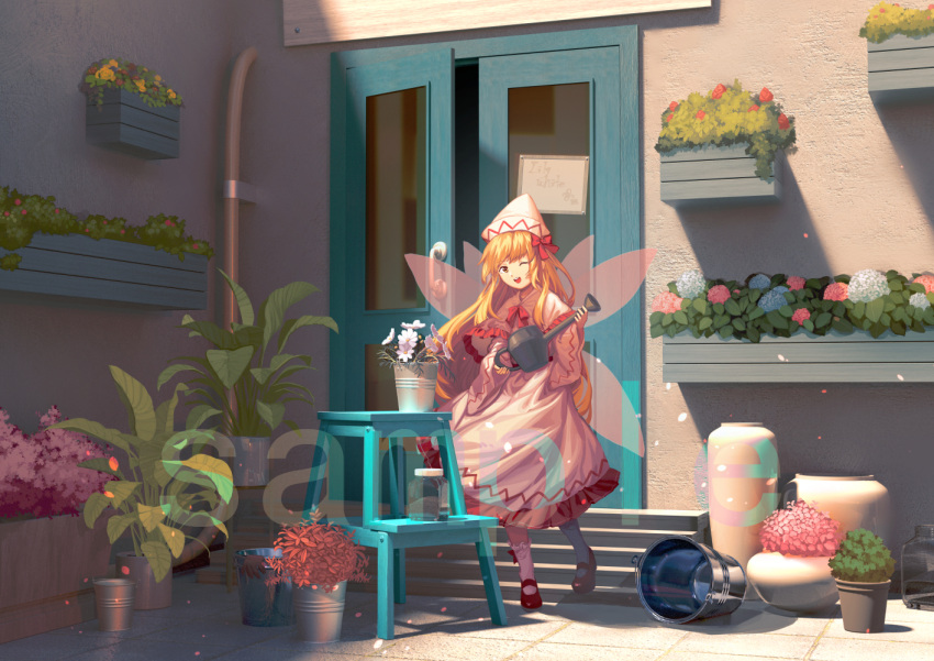 1girl ;d blonde_hair bucket bush capelet door dress flower flower_request furahata_gen holding holding_watering_can lily_white long_hair long_sleeves one_eye_closed plant_request red_footwear sample_watermark smile socks solo stairs standing touhou very_long_hair watering_can white_dress white_socks wide_shot wide_sleeves
