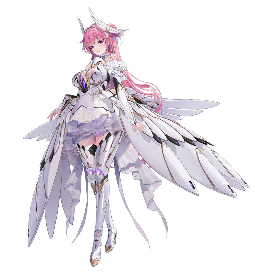 1girl armor armored_boots armored_dress bare_shoulders boots bracer braid breasts detached_sleeves detached_wings dorothy_(nikke) dress frilled_dress frills full_body goddess_of_victory:_nikke hair_bun hair_intakes headgear high_heels highres large_breasts long_hair looking_at_viewer mechanical_wings official_art pink_hair see-through_cleavage solo standing tachi-e violet_eyes white_dress wings yoya_yogurt