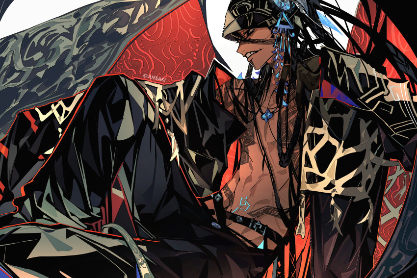 1boy absurdres bat_wings black_hair black_jacket black_pants braid camazotz_(fate) casual dark-skinned_male dark_skin eeju fate/grand_order fate_(series) full-body_tattoo hair_ornament highres jacket jewelry long_hair lying male_focus multiple_braids open_clothes open_jacket pants profile signature simple_background solo tattoo topless_male white_background wings