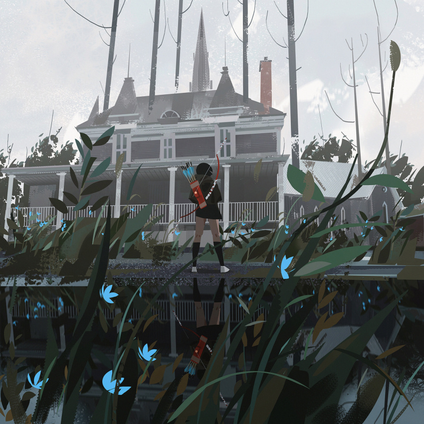 1girl arrow_(projectile) black_hair black_skirt bow_(weapon) fog from_behind girl_chasing_giants_(yun_ling) grass highres hood hood_down house lake original outdoors reflection scenery short_hair skirt solo standing tree weapon yun_ling