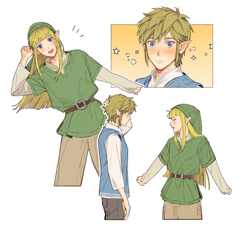 1boy 1girl belt blonde_hair blue_eyes blunt_ends blush borrowed_clothes closed_eyes cosplay costume_switch earrings green_headwear green_tunic hat highres jewelry link long_hair long_sleeves oversized_clothes phrygian_cap pointy_ears pointy_hat princess_zelda short_hair sidelocks smile sophie_(693432) the_legend_of_zelda the_legend_of_zelda:_skyward_sword tunic