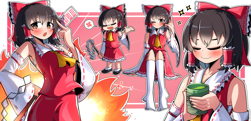 1girl absurdres anger_vein ascot black_footwear black_hair blush bow bright_pupils brown_eyes chest_sarashi closed_eyes closed_mouth commentary cup detached_sleeves english_commentary gohei hair_bow hair_tubes hakurei_reimu highres holding holding_cup looking_at_viewer multiple_views ofuda outline red_background red_bow red_shirt ribbon-trimmed_sleeves ribbon_trim sarashi shirt sidelocks smile socks spam_(spamham4506) spoken_anger_vein star_(symbol) thigh-highs touhou white_outline white_pupils white_socks white_thighhighs wide_sleeves yellow_ascot