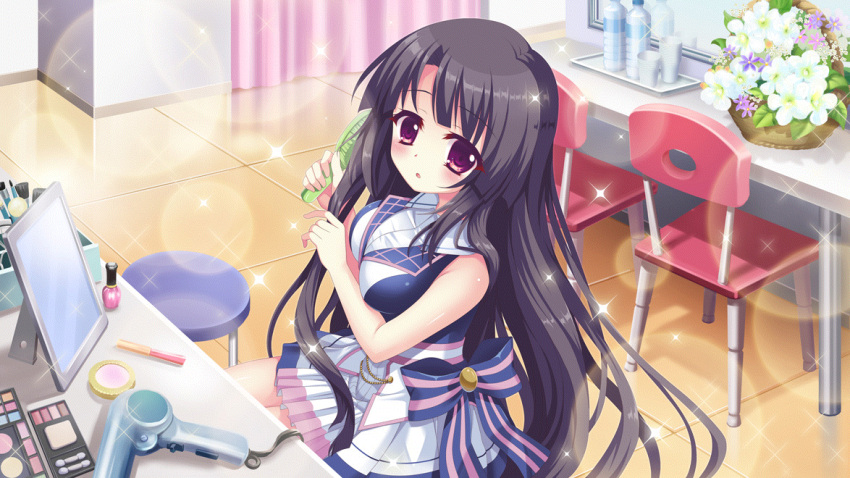 1girl bare_arms bare_shoulders basket black_hair blue_collar blue_dress blue_stripes bottle bow breasts brushing_hair chair collar cosmetics counter cup curtains disposable_cup dot_nose dress dressing_room film_grain flower game_cg hair_brush hair_dryer ichikishima_mizuha izumi_tsubasu large_breasts lens_flare long_hair looking_at_viewer makeup makeup_brush mirror multicolored_clothes multicolored_dress non-web_source official_art open_mouth parted_lips perfume_bottle purple_stripes re:stage! ribbon short_dress sitting skirt sleeveless sleeveless_dress solo sparkle stool straight_hair striped striped_bow striped_ribbon swept_bangs tile_floor tiles tray very_long_hair violet_eyes water_bottle white_dress white_flower white_skirt wicker_basket