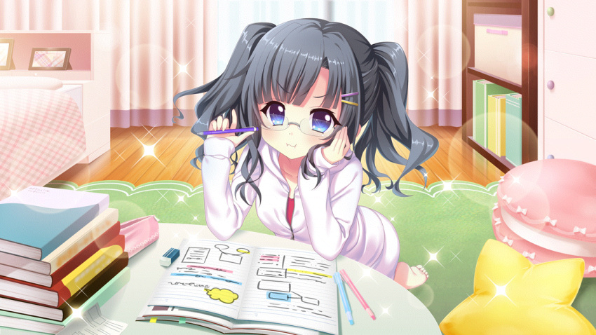 1girl :i barefoot bed bed_sheet bedroom black_hair blue_eyes book book_stack bookmark chest_of_drawers curtains dot_nose elbows_on_table film_grain game_cg glasses hair_ornament hairclip head_on_hand holding holding_pen hood hoodie indoors itsumura_yukari izumi_tsubasu kneeling leaning_on_table looking_at_viewer macaron_pillow medium_hair non-web_source notebook official_art open_book partially_unzipped pen picture_frame pillow plaid re:stage! red_shirt shirt solo sparkle star_pillow studying two_side_up white_hoodie wooden_floor zipper