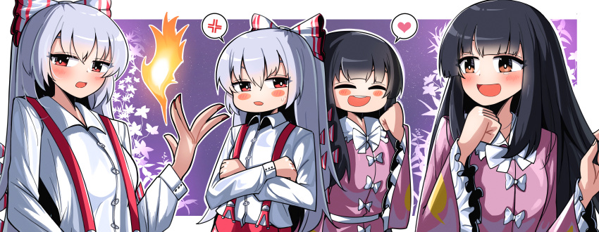 2girls absurdres anger_vein black_hair bow bright_pupils brown_eyes collared_shirt commentary english_commentary fire fujiwara_no_mokou hair_bow heart highres houraisan_kaguya long_hair long_sleeves multiple_girls multiple_views outline purple_background red_eyes shirt sidelocks spam_(spamham4506) spoken_anger_vein spoken_heart suspenders touhou upper_body white_outline white_pupils white_shirt wide_sleeves