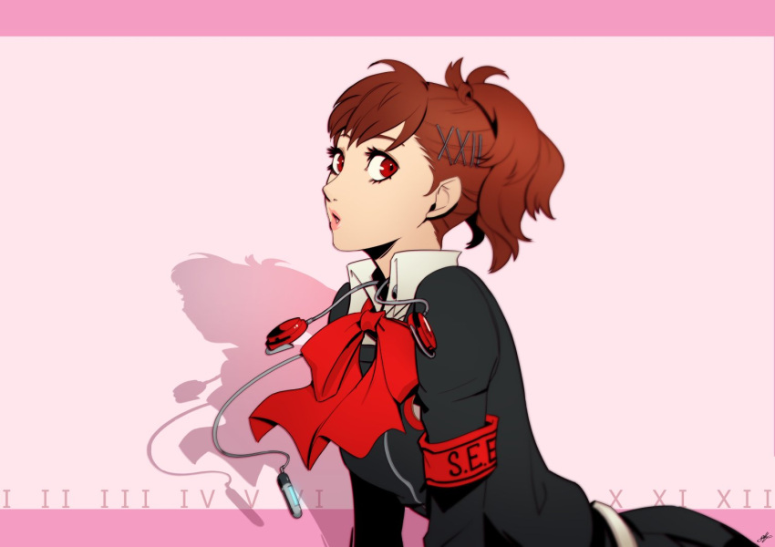 1girl :o bent_over black_jacket black_skirt bow bowtie brown_hair collared_shirt commentary digital_media_player eightyfourart english_commentary from_side gekkoukan_high_school_uniform headphones headphones_around_neck jacket long_sleeves number_hair_ornament parted_lips persona persona_3 persona_3_portable pink_background red_armband red_bow red_bowtie red_eyes roman_numeral school_uniform shadow shiomi_kotone shirt sideways_glance skirt solo white_shirt