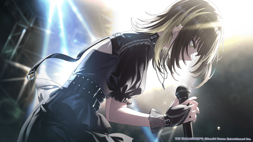 1girl black_dress black_hair blonde_hair dress dutch_angle ear_piercing earrings highres holding holding_microphone idolmaster idolmaster_shiny_colors idolmaster_shiny_colors_song_for_prism ikaruga_luca jewelry microphone multicolored_hair necklace official_art piercing puffy_short_sleeves puffy_sleeves short_sleeves solo stage_lights streaked_hair yellow_eyes