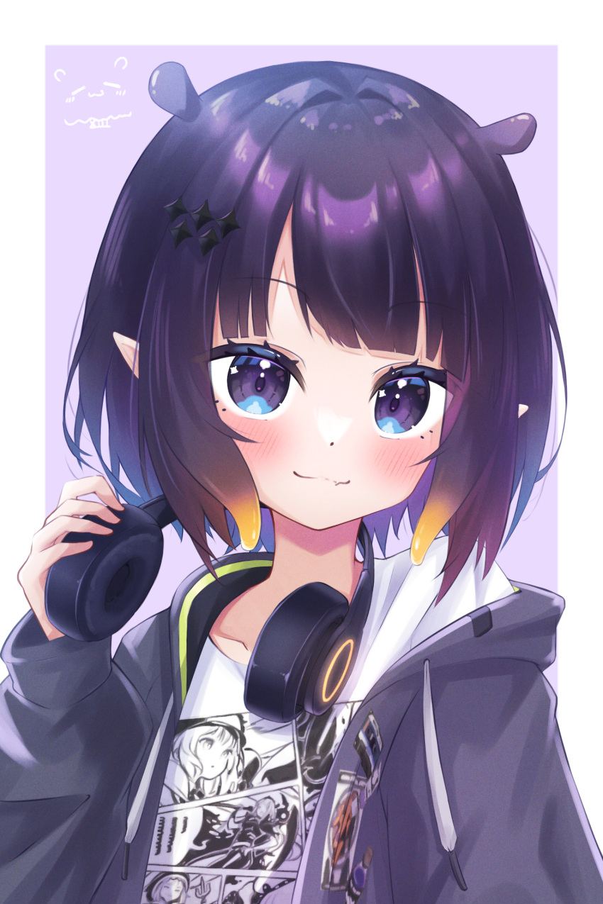 1girl absurdres adjusting_headphones blue_eyes fang headphones headphones_around_neck highres hololive hololive_english hood hoodie looking_at_viewer ninomae_ina'nis ninomae_ina'nis_(5th_costume) open_clothes open_hood open_hoodie pointy_ears purple_hair purple_hood purple_hoodie shirt short_hair skin_fang smile solo t-shirt tentacle_hair virtual_youtuber white_shirt yang1413