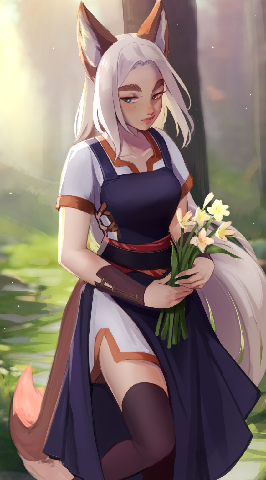 1girl absurdres animal_ear_fluff animal_ears black_thighhighs blue_eyes borrowed_character collarbone commentary day english_commentary flower fox_ears fox_girl fox_tail heterochromia highres holding holding_flower looking_away looking_to_the_side losse_(personal_ami) maewix_(artist) nature original outdoors short_sleeves side_slit smile solo tail thick_eyebrows thigh-highs white_hair yellow_eyes