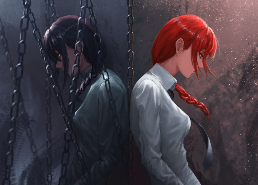 2girls absurdres back-to-back black_hair black_necktie braid braided_ponytail chain chainsaw_man collared_shirt grey_sweater hair_over_shoulder highres looking_to_the_side luxearte makima_(chainsaw_man) medium_hair multiple_girls nayuta_(chainsaw_man) necktie redhead reincarnation shirt sweater white_shirt