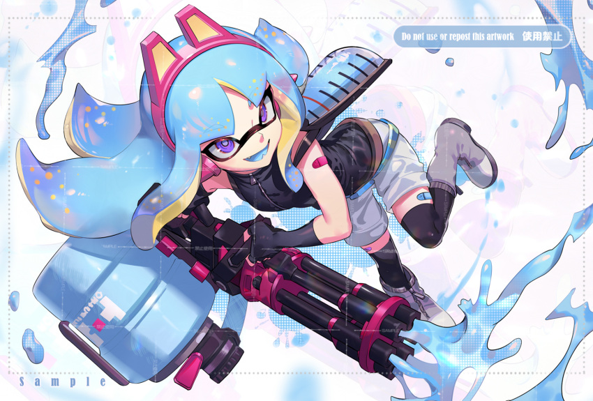 1girl bandaid bandaid_on_arm black_gloves black_thighhighs blue_hair blue_tongue boots colored_tongue elbow_gloves gloves gun highres holding holding_gun holding_weapon inkling inkling_girl jinkobanana long_hair looking_at_viewer open_mouth smile splatoon_(series) tentacle_hair thigh-highs violet_eyes weapon white_footwear