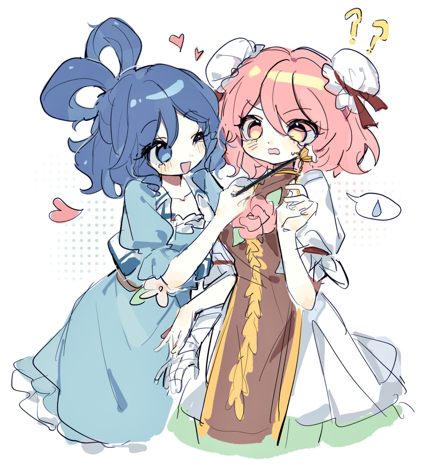 2girls ;d ? ?? absurdres bandaged_arm bandages blue_dress blue_eyes blue_hair bun_cover chisel double_bun dress hair_bun hair_rings heart highres ibaraki_kasen kaku_seiga looking_at_another multiple_girls one_eye_closed open_mouth pink_eyes pink_hair short_sleeves simple_background smile spoken_sweatdrop springarashi02 sweatdrop tabard touhou white_background