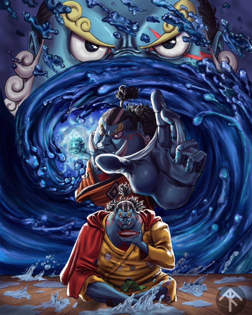 1boy blue_skin closed_mouth colored_skin crossed_legs facial_hair fangs fighting_stance fish_boy full_body goatee high_ponytail highres japanese_clothes jinbe_(one_piece) long_hair looking_at_viewer multicolored_hair one_piece scar scar_across_eye sharp_teeth signature sitting solo solo_focus teeth therrious_davis two-tone_hair water