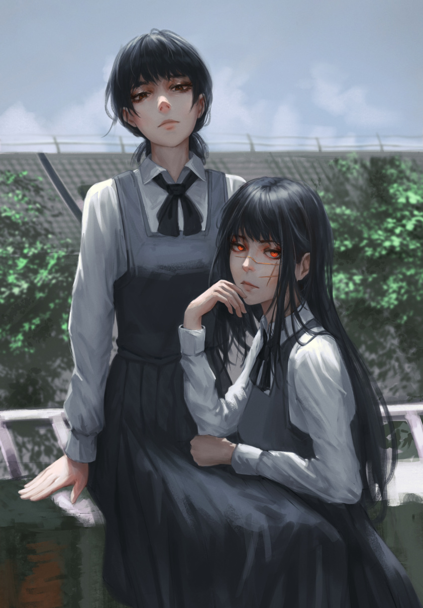 2girls :| absurdres black_hair black_ribbon brown_eyes chainsaw_man closed_mouth commentary cowboy_shot cross_scar dress dual_persona english_commentary expressionless fourth_east_high_school_uniform grey_sky head_rest highres leaning_on_person long_hair long_sleeves looking_at_viewer low_twintails luxearte mitaka_asa multiple_girls neck_ribbon outdoors pinafore_dress red_eyes ribbon ringed_eyes scar scar_on_cheek scar_on_face school_uniform short_twintails sidelocks sitting sky sleeveless sleeveless_dress twintails yoru_(chainsaw_man)