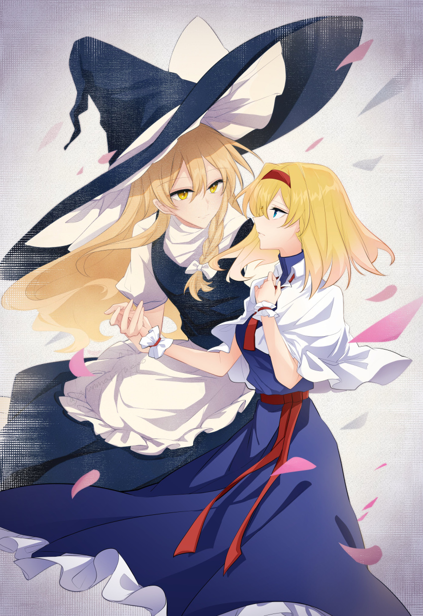 2girls absurdres alice_margatroid apron belt black_dress black_headwear blonde_hair blue_dress blue_eyes bow braid breasts capelet closed_mouth collared_capelet dress frills fuko_(fukkofuko) gradient_background grey_background hair_between_eyes hair_bow hairband hand_on_own_chest hand_up hands_up hat hat_bow highres holding holding_hands kirisame_marisa long_hair looking_at_another medium_breasts multiple_girls necktie petals puffy_short_sleeves puffy_sleeves red_belt red_hairband red_necktie shirt short_hair short_sleeves simple_background single_braid smile touhou turtleneck white_apron white_background white_bow white_capelet white_shirt wing_collar witch_hat wrist_cuffs yellow_eyes yuri