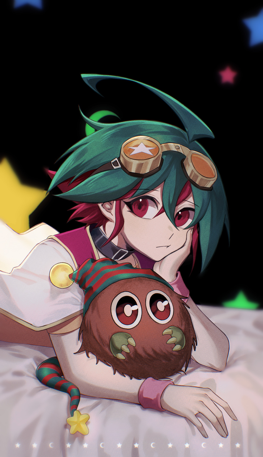 absurdres duel_monster dyed_bangs elbow_rest goggles goggles_on_head green_hair green_pants highres kuriboh looking_at_viewer lying male_focus multicolored_hair on_stomach orange_shirt pants performapal_kuribohble pout redhead sakaki_yuuya shirt starry_background two-tone_hair upper_body wudu_c yu-gi-oh! yu-gi-oh!_arc-v