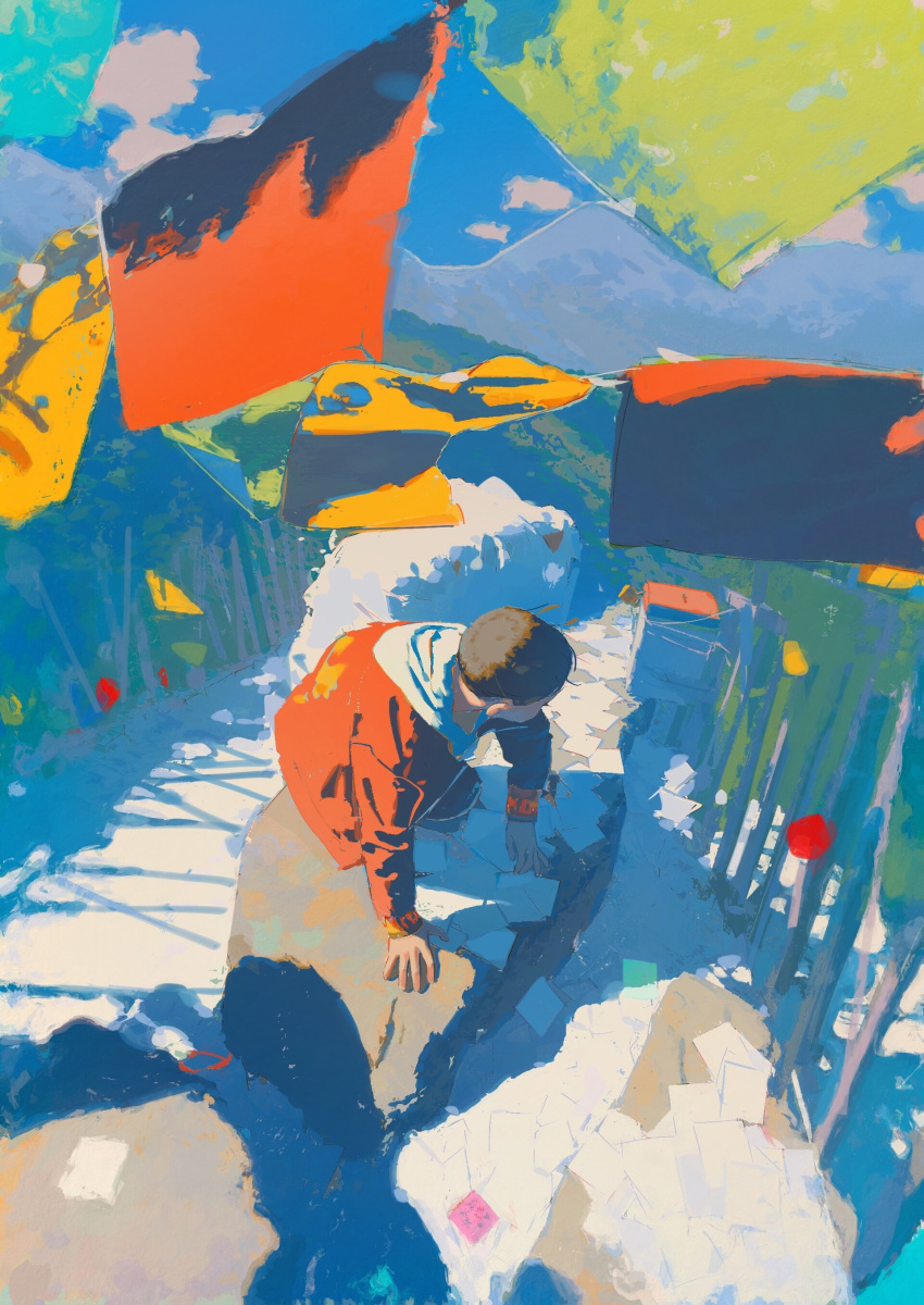 1boy absurdres blue_sky dappled_sunlight day from_above highres jacket landscape looking_back mountain on_ground orange_jacket original outdoors rock scenery shadow sheya_tin sitting sky solo string_of_flags sunlight