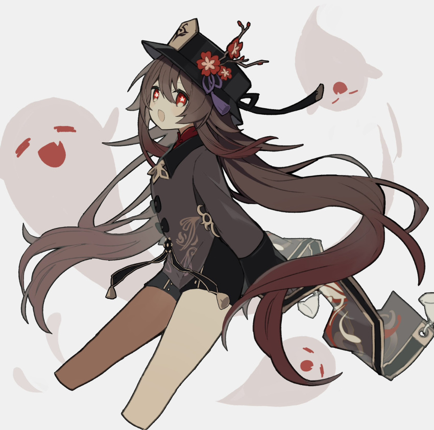 1girl black_headwear black_shorts blush boo_tao_(genshin_impact) branch brown_coat brown_hair chinese_clothes closed_eyes coat collared_coat fang flower flower-shaped_pupils flower_hat flying genshin_impact ghost gradient_hair grey_background hat hat_ribbon highres hu_tao_(genshin_impact) long_hair long_sleeves looking_at_viewer mandarin_collar merry-san multicolored_hair open_mouth purple_ribbon red_eyes red_flower red_shirt ribbon shirt short_shorts shorts sidelocks simple_background smile solo standing sun_hat symbol-shaped_pupils tassel tassel_hat_ornament twintails wide_sleeves wing_collar