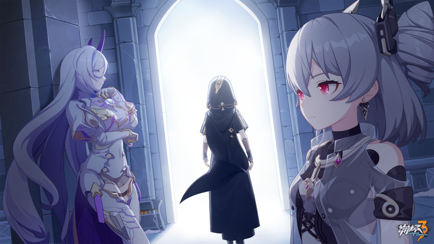 3girls black_headwear black_hood breasts chinese_commentary clenched_hands closed_mouth drill_hair earrings feet_out_of_frame grey_hair hair_between_eyes hare_(honkai_impact) highres honkai_(series) honkai_impact_3rd jewelry large_breasts logo long_hair looking_at_another multiple_girls official_art official_wallpaper prometheus_(honkai_impact) red_eyes small_breasts standing thigh-highs upper_body white_hair white_thighhighs