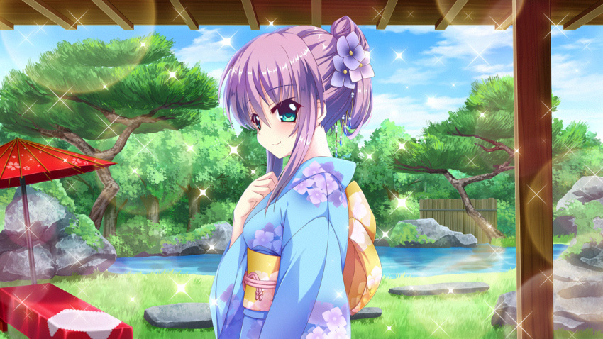 1girl architecture back_bow bench blue_eyes blue_kimono blue_sky boulder bow clouds day east_asian_architecture fence film_grain floral_print flower from_side furisode game_cg grass hair_flower hair_ornament hand_on_own_chest izumi_tsubasu japanese_clothes kimono lens_flare looking_at_viewer non-web_source official_art oil-paper_umbrella plant_request pond purple_flower purple_hair re:stage! red_umbrella sash short_hair sky smile solo sparkle tree tsukisaka_sayu umbrella upper_body yellow_bow yellow_sash