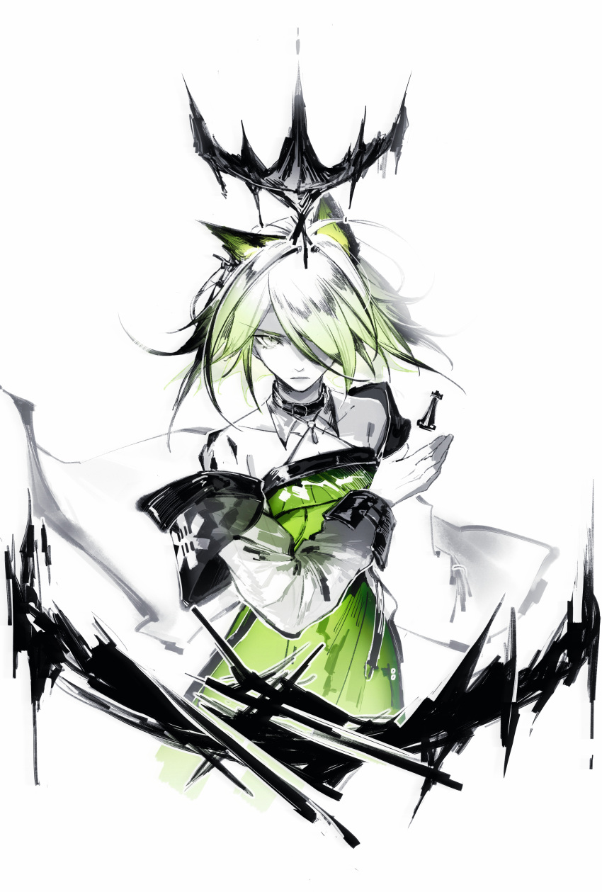 1girl absurdres animal_ears arknights azi_aji cat_ears chess_piece coat commentary crown dress green_dress green_eyes green_hair hair_over_one_eye hand_up highres kal'tsit_(arknights) limited_palette long_sleeves looking_at_viewer off-shoulder_dress off_shoulder one_eye_covered open_clothes open_coat rook_(chess) short_hair solo