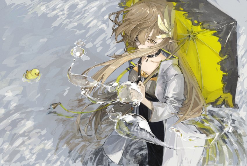 1girl abstract_background absurdres arknights black_choker black_dress breasts brown_hair choker coat commentary covering_mouth dress english_commentary feather_hair floating_hair grey_background highres holding holding_umbrella lab_coat long_hair looking_at_viewer looking_up mole mole_under_eye muelsyse_(arknights) reflection rubber_duck sleepy_mond677 small_breasts umbrella very_long_hair wading water_drop white_coat yellow_eyes