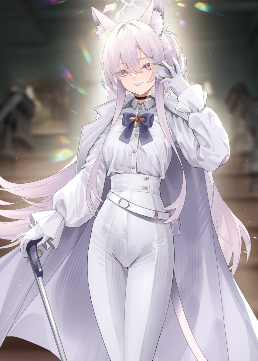 1girl akira_(blue_archive) animal_ears belt blue_archive bow cape cat_tail choker cirilla_lin collared_shirt gloves grey_hair hair_bow halo highres holding long_hair long_sleeves pants shirt shirt_tucked_in sidelocks smirk solo tail very_long_hair violet_eyes white_pants