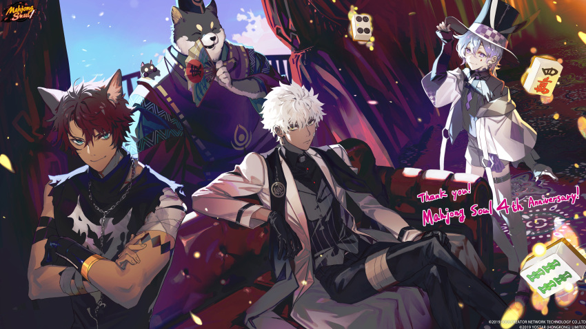 4boys a-37 absurdres amanohana animal_ears anniversary arm_tattoo asymmetrical_gloves black_gloves black_pants coat commentary copyright_name couch dark-skinned_male dark_skin english_commentary facial_mark fox_boy fox_ears furry furry_male gloves hand_fan hat highres holding holding_fan japanese_clothes jewelry mahjong mahjong_soul mahjong_tile multiple_boys necklace official_art pants paper_fan ryan_(mahjong_soul) short_hair sitting standing tattoo thank_you top_hat wanjirou white_coat white_hair zechs_(mahjong_soul)