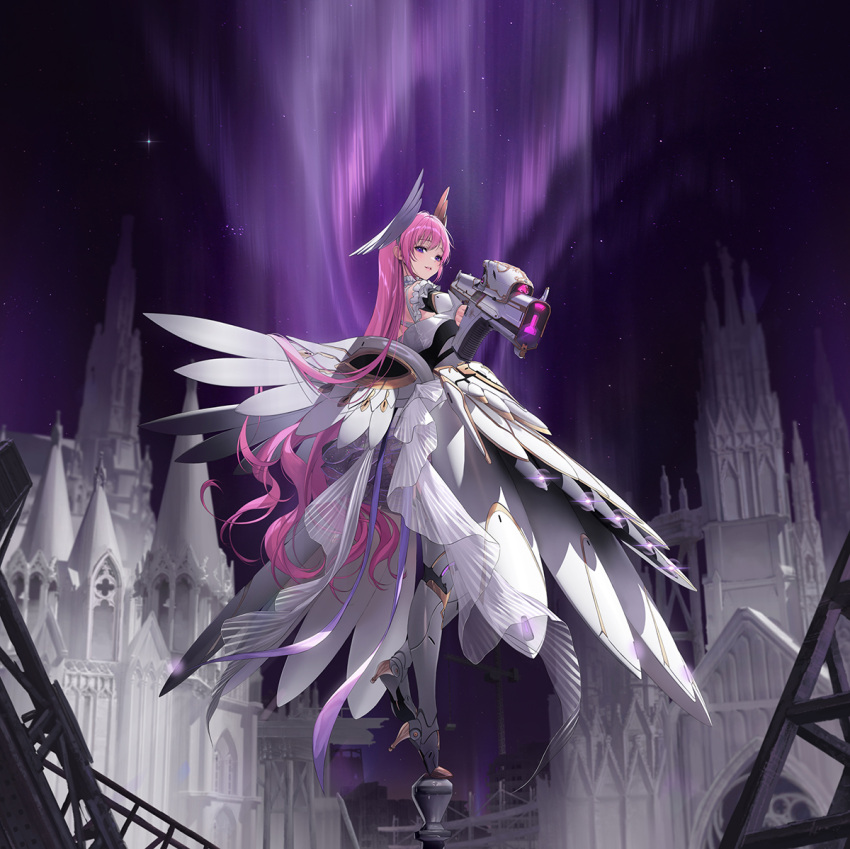 1girl armor armored_boots armored_dress bare_shoulders boots bracer braid detached_sleeves detached_wings dorothy_(nikke) dress frilled_dress frills full_body game_cg goddess_of_victory:_nikke gun hair_intakes headgear high_heels holding holding_weapon long_hair looking_at_viewer mechanical_wings official_art pink_hair see-through_cleavage solo standing standing_on_one_leg violet_eyes weapon white_dress wings yoya_yogurt