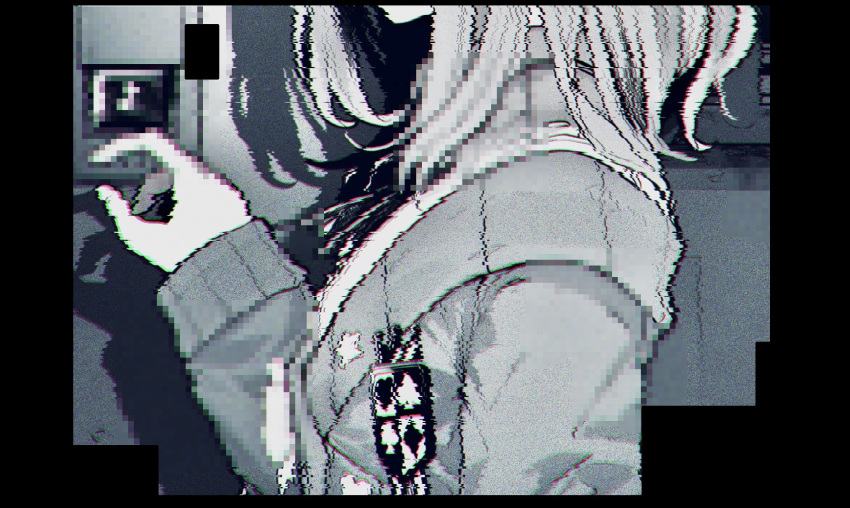 1girl blurry bow cardigan censored chromatic_aberration collared_shirt doorbell facing_to_the_side from_side glitch greyscale hand_up hatyuuruinohito head_out_of_frame highres horror_(theme) long_sleeves medium_hair monochrome mosaic_censoring nijisanji pillarboxed reaching shadow shirt sleeves_past_wrists solo standing suzuhara_lulu upper_body virtual_youtuber wall wing_collar