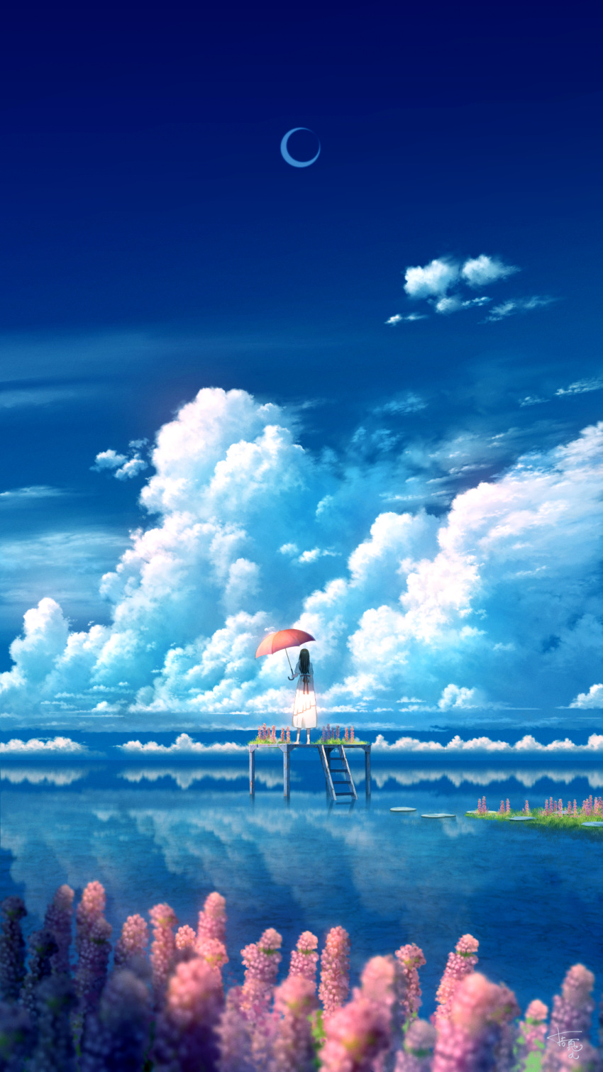 1girl black_hair blue_sky clouds crescent_moon day dress highres holding holding_umbrella horizon moon ocean original outdoors reflection reflective_water scenery shuu_illust sky solo umbrella white_dress