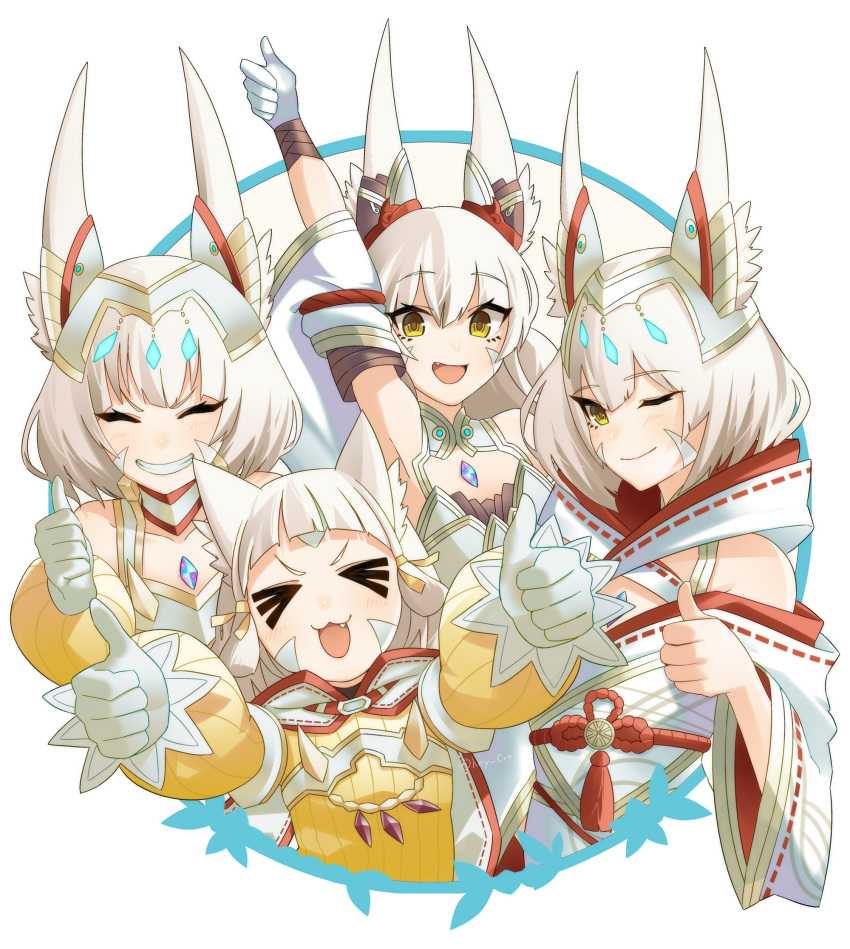 age_difference animal_ears blunt_bangs cat_ears chest_jewel dual_persona fang fangs gloves grey_hair grin hey_cre highres long_hair nia_(xenoblade) official_alternate_costume official_alternate_hair_length official_alternate_hairstyle one_eye_closed short_hair smile thumbs_up time_paradox white_gloves xenoblade_chronicles_(series) xenoblade_chronicles_2 xenoblade_chronicles_3 yellow_eyes