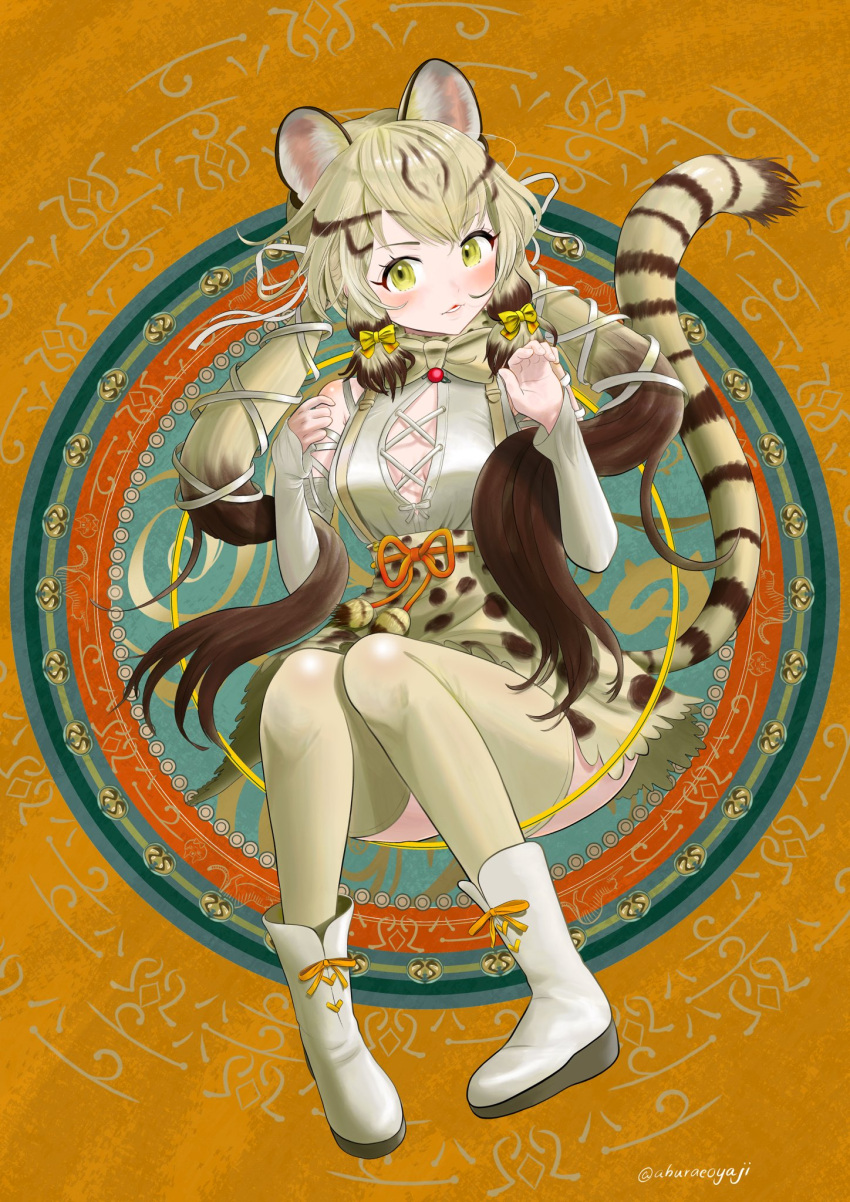 1girl aburaeoyaji animal_ears boots bow bowtie cat_ears cat_girl cat_tail extra_ears geoffroy's_cat_(kemono_friends) green_eyes grey_hair highres kemono_friends kemono_friends_v_project kneehighs long_hair looking_at_viewer microphone ribbon shirt skirt socks solo suspenders tail twintails virtual_youtuber